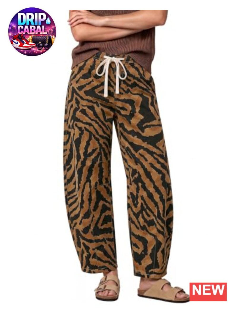 High Waisted Pull On Wide Leg Zebra Print Jeans